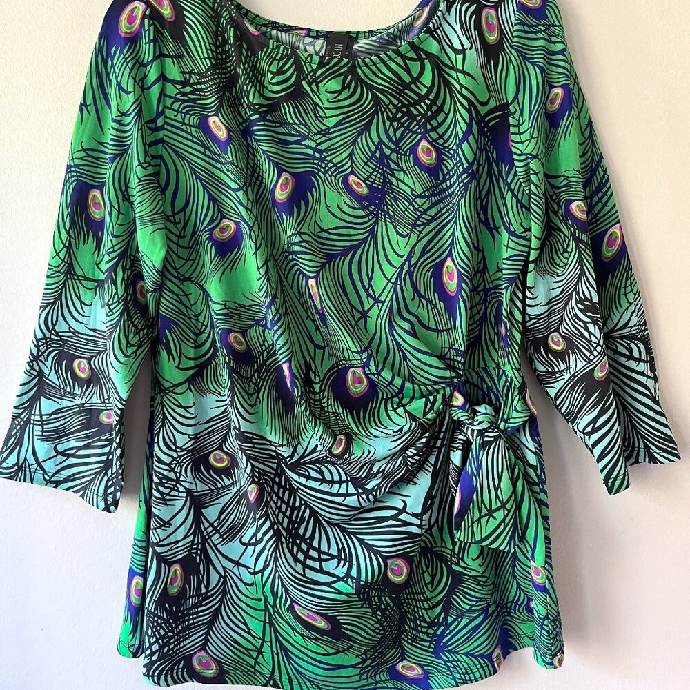 MT COLLECTION‎ Sz XL Stretch Elbow Sleeve Top Blouse Peacock Print Waist Knot